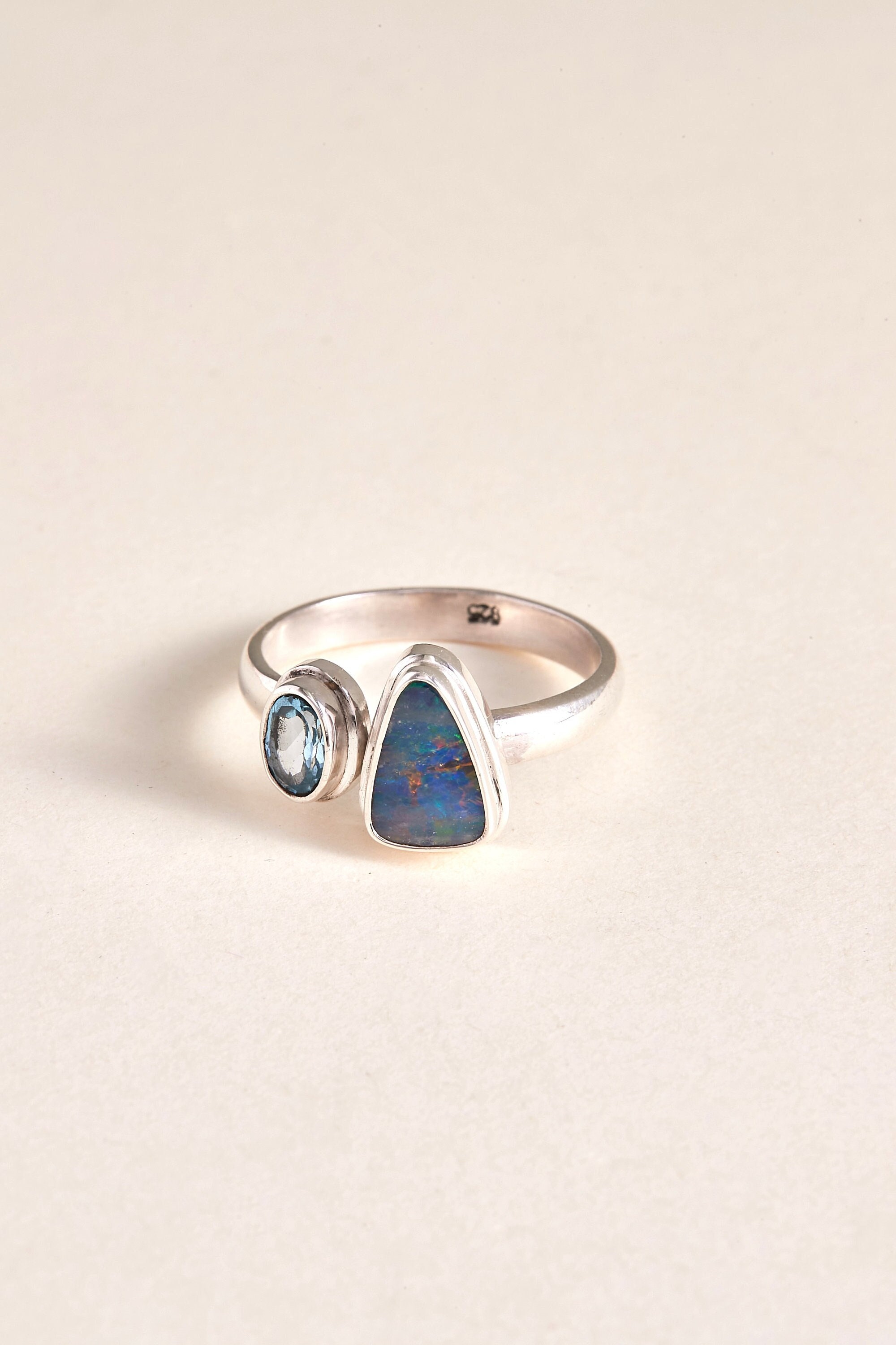 Australian Opal and Blue Topaz Ring - Handmade & Genuine Gemstone Jewellery - Sterling Silver Jewelry