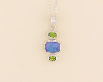 Ciondolo con opale e peridoto australiano / OPLM11 - Gioielli con pietre preziose fatti a mano - Gioielli in argento sterling