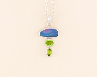 Ciondolo con opale e peridoto australiano / OPLM13 - Gioielli con pietre preziose fatti a mano - Gioielli in argento sterling