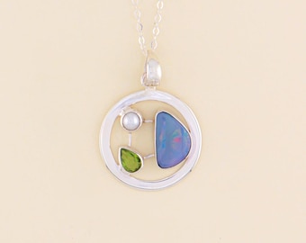 Ciondolo con opale australiano, peridoto e perla d'acqua dolce / OPLM7 - Gioielli con pietre preziose fatti a mano - Gioielli in argento sterling
