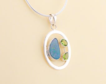 Ciondolo con opale e peridoto australiano / OPLM8 - Gioielli con pietre preziose fatti a mano - Gioielli in argento sterling
