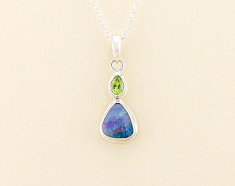 Ciondolo con opale e peridoto australiano / OPLM15 - Gioielli con pietre preziose fatti a mano - Gioielli in argento sterling