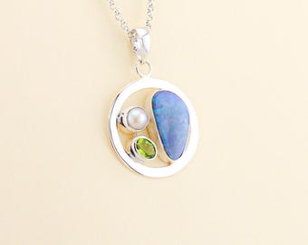 Ciondolo con opale australiano, peridoto e perla d'acqua dolce / OPLM9 - Gioielli con pietre preziose fatti a mano - Gioielli in argento sterling