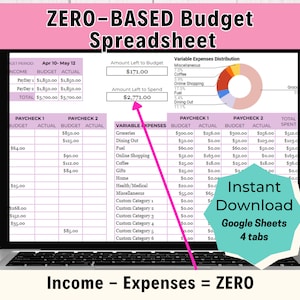 Zero-Based Budget Google spreadsheet, Budget Tracker Google Sheets, Monthly Budget, Zero Based Budget Template, Financial Planner
