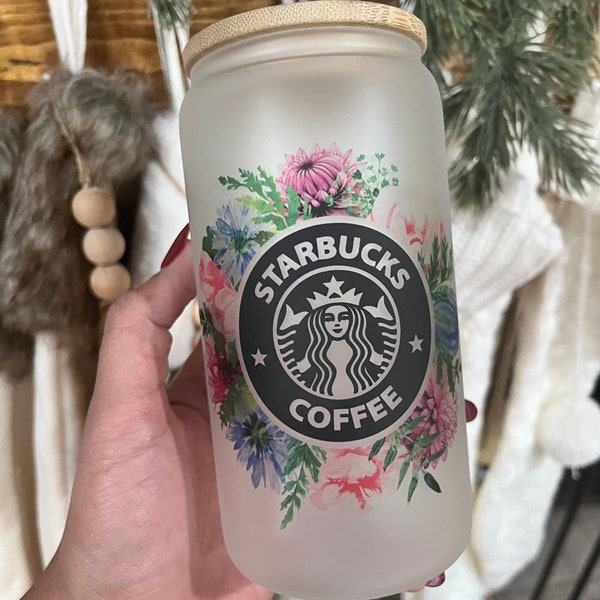 16oz Floral Starbucks Sublimation Cup, Floral Starbucks Glass Cup, Starbucks Cup, Sublimation, Beer Can Cup, Iced Coffee Cup, Floral Cup