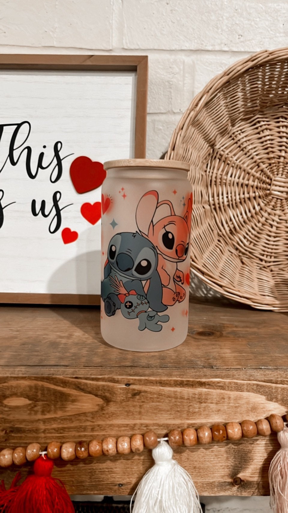 Stitch and Angel Iced Coffee Cup, Stitch Glass Can, Stitch and Angel Cup  With Lid, Cup With Straw, Reusable Plastic Straw, Bamboo Lid 