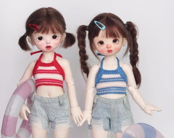 1/6 1/4 Msd BJD Doll Suits, FashionGirl Casual Clothing, Knitted Striped Bandage Top, Denim Shorts Pants