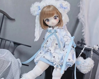 1/4 1/5 1/6 Msd Mdd BJD Doll White Blue Suit, Fashion Girl Casual Bear Print Clothing, sweatshirt+socks+leg cover+bag+hat