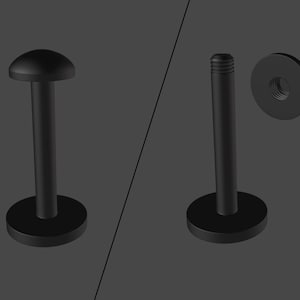 May include: Black labret jewelry with a flat disc base and a post. One piece has a rounded top, the other has a threaded post with a separate disc. The jewelry is shown against a gray background.