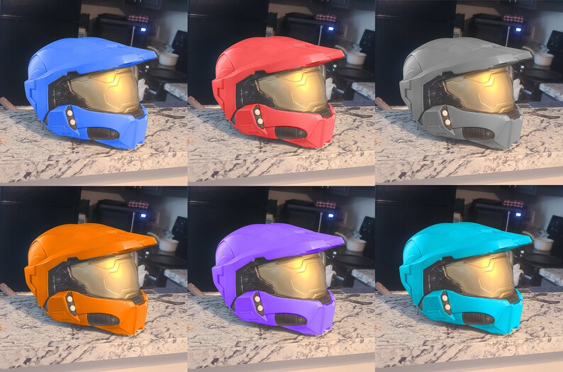 May include: Six plastic helmets in different colors: blue, red, gray, orange, purple, and turquoise. The helmets have a gold visor and black details.