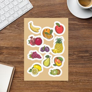 Colorful Fruit Sticker Sheet – 12 Retro Fruit Vinyl Stickers – Cute Food-Themed Laptop & Planner Decals