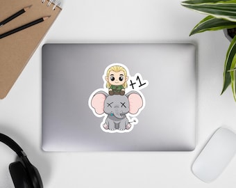 Pegatina troquelada de Elfo Chibi "Elefante +1" – Arte divertido de los fans de Lord of the Stickers
