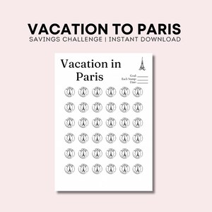 Op de afbeelding: Een printbare spaarplanner voor een vakantie naar Parijs. De planner heeft een raster met 49 cirkels, elk met een zwart-witte afbeelding van de Eiffeltoren. Bovenaan zijn er vakjes voor een doelbedrag, het bedrag dat per stempel wordt gespaard en de datum.