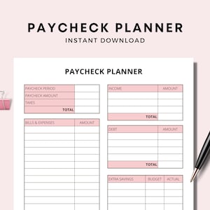 May include: Printable paycheck planner with sections for income, bills and expenses, debt, and extra savings. The planner has a pink and white colour scheme.