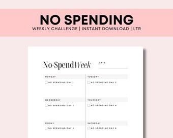 Könnte beinhalten: Ein druckbarer No-Spend-Wochenplaner mit einem schwarz-weißen Design. Der Planer enthält einen Platz für das Datum und eine Checkliste für jeden Tag der Woche.