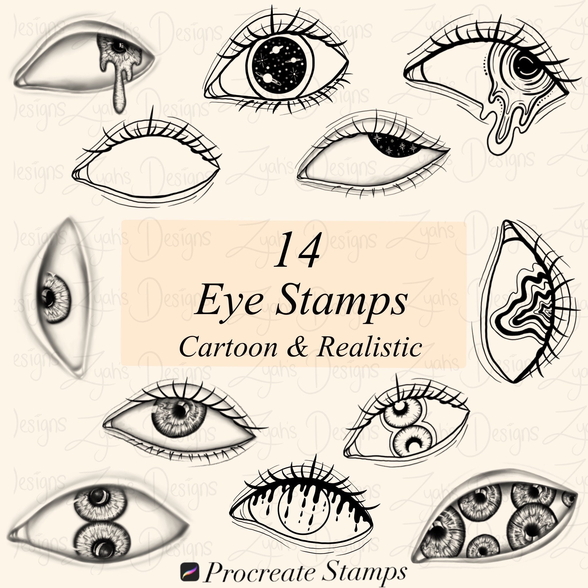 14 Procreate Eye Stamps Brush Set | Detailed, Cartoon & Feminine Eyeball Stamps for Procreate