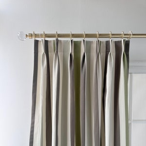 Light green brown striped curtains, floral embroidered curtains, window treatments curtains, custom curtain panels, living room curtains.
