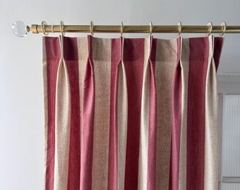 Red striped cotton linen curtains, striped curtains, curtains, custom curtain panels, living room curtains.