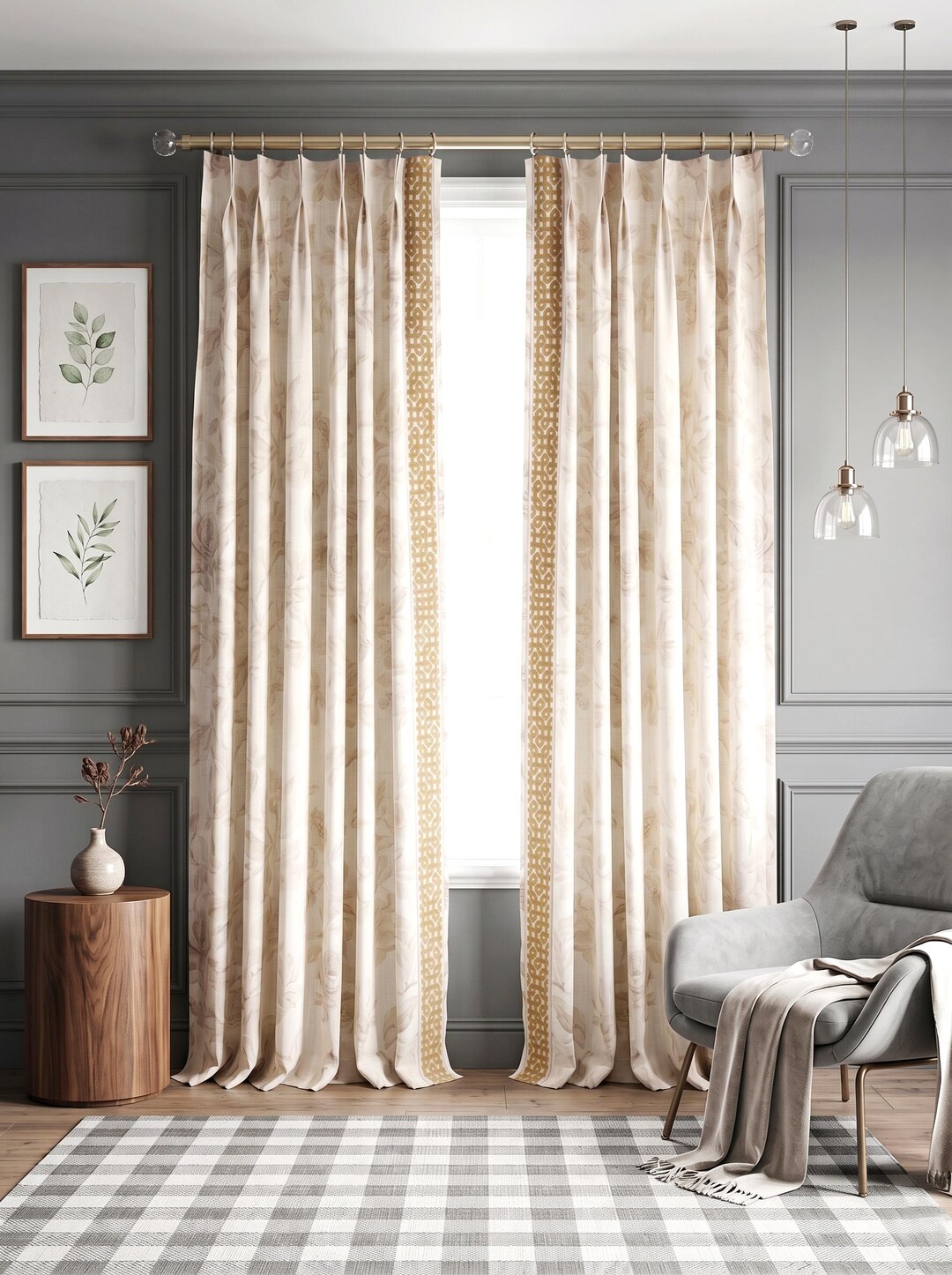Light Yellow Floral Pattern Curtains With Trim,window Treatments