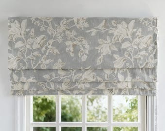 Rural Idyllic Style Printed Floral Roman Blind, Gray Color, Natural Linen Fabric, Linings, Cord or Cordless