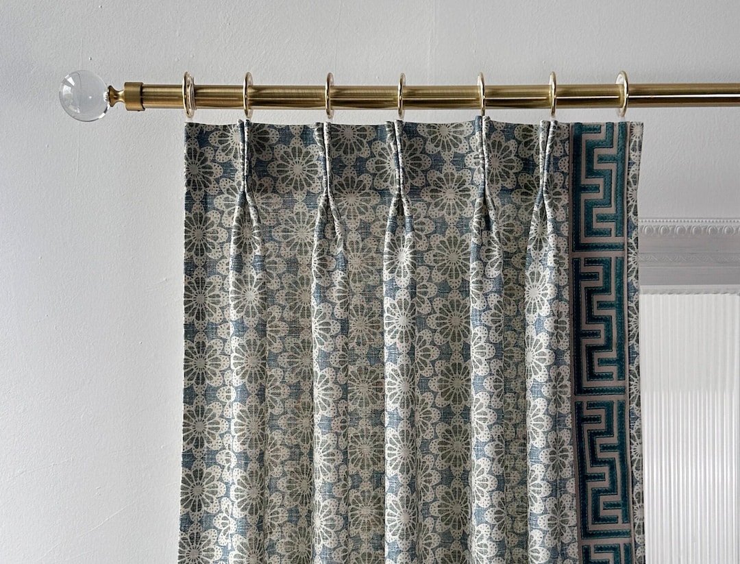 Cornflower Floral,blue Natural Linen Curtain,pleated Linen Cotton