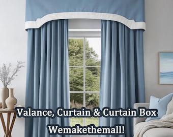 Juego de cortinas con cabecera plana, cortinas de lino y algodón azul, ribete blanco.