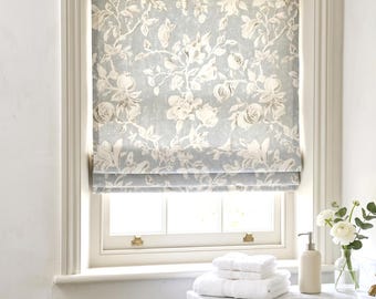 Rural Idyllic Style Printed Floral Roman Blind, Gray Color, Natural Linen Fabric, Linings, Cord or Cordless