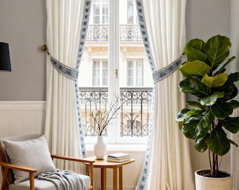 Light blue lace curtains, cotton and linen curtains, curtain tapes, handmade, living room decoration.