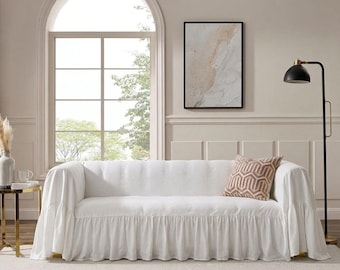 White Ruffled Sofa Slipcover – French Country Farmhouse Couch Cover (Machine Washable)