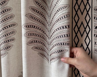 Cortina de lino con bordado de hojas de helecho, cortina de lino con bolsillo para barra, cortinas a medida, cortinas blancas, diseño minimalista.