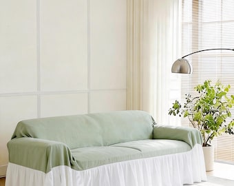 Housse pour canapé avec jupe à volants color block vert blanc | Housse de canapé ferme une pièce