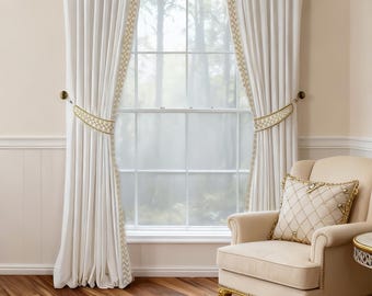 Cotton and linen curtains, curtain bands in yellow-green, high-quality curtains with curtain trim.