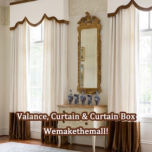 May include: Two sets of floor-length curtains featuring cream-colored fabric with brown velvet bottom panels and matching scalloped valances. The text "Valance, Curtain & Curtain Box Wemakethemall!" is overlaid on the image.