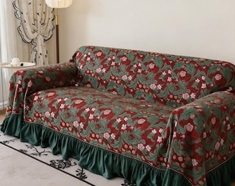 Housse de canapé une pièce à imprimé floral vintage avec bordure à volants verte, protège-meubles Boho Cottagecore
