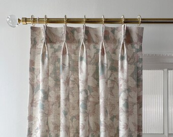 Cortina de lino con estampado floral denso en blanco y rosa, cortina de lino plisada, paneles de cortina a medida, tela de diseño.
