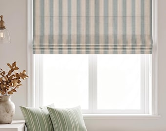 Alternating Green and Gray Vintage Stripes Roman Shade in Thin Stripe Style, Natural Linen Fabric, with Linings, Cord or Cordless