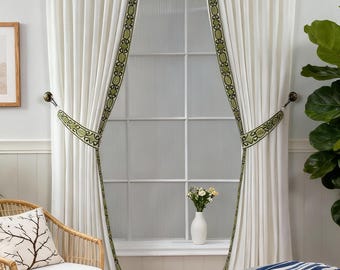 Cotton and linen curtains, home decoration, green lace curtains, multiple colors available, handmade.
