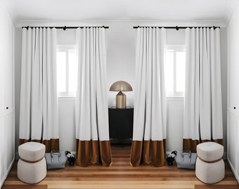 White Velvet Curtain Panels,Pleated Curtains With Brown Contrast Border,Custom Curtain Panels,Curtains for Living Room,Handmade Curtain