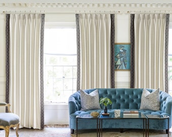 White Linen Curtain Panels, Decorative Trim, Custom Size ,Elegant French Style Curtain for Living Room
