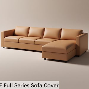 May include: A tan sectional sofa with a chaise lounge on the right side. The sofa has four seat cushions and a low profile. The image includes the text "VIMLE Full Series Sofa Cover".