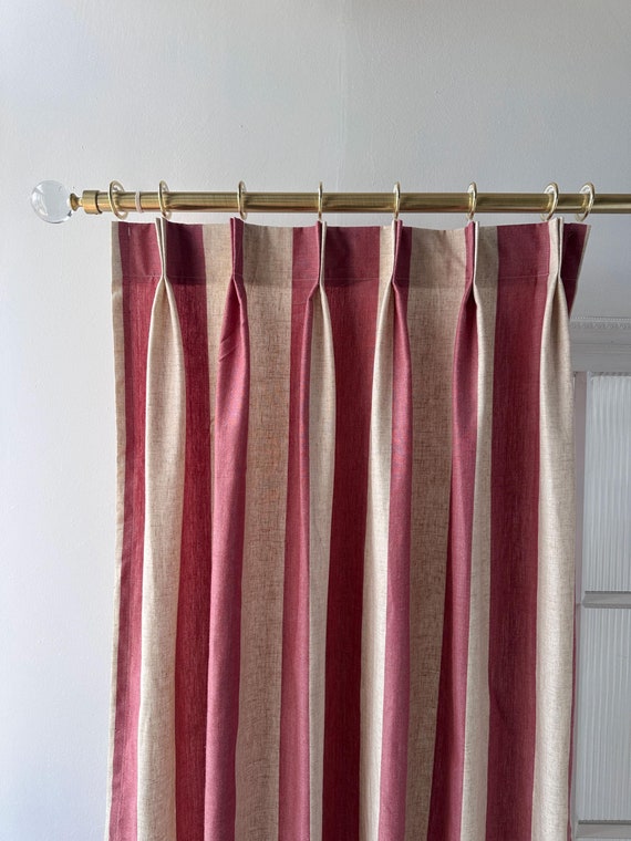 Red striped cotton linen curtains, striped curtains, curtains, custom curtain panels, living room curtains.