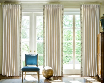 White Linen Curtain Panels,Pleated Curtains With Decorative Trim,Custom Size Drapery Panels,Linen Curtain for Minimalist Design