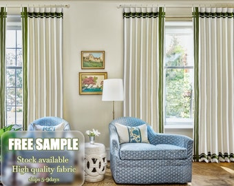 Pleated Curtains,White Linen Curtain Panels With Decorative Green Ribbon,Drapery Panels,Soft Scrunched Linen Curtains
