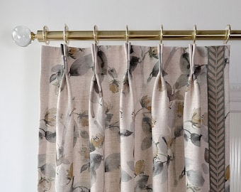 Cortinas beige estampadas con motivos florales y ribete de hojas, paneles para ventanas, cortinas clásicas personalizadas, decoración del hogar.