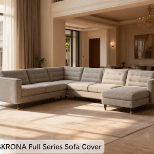May include: A large, light gray sectional sofa with a chaise lounge. The sofa has a textured fabric, wooden legs, and is in a well-lit, modern living room. The text "LANDSKRONA Full Series Sofa Cover" is at the bottom.