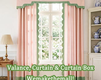Ribete rosa nude y verde, cenefa con ribete decorativo, cortinas de algodón, cenefa montada sobre tabla.