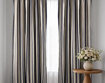 Blue Stripe Pattern Cotton Linen Curtains, Decorative Curtains, Drapes, Custom Curtain Panels, Living Room Curtains.