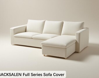 May include: A cream-colored sectional sofa with three seat cushions and an attached chaise lounge. The sofa has a textured fabric and square arms. The text "BACKSALEN Full Series Sofa Cover" is at the bottom.