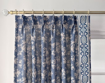 Cortina azul con estampado floral y ribete, cortina de lino con bolsillo para barra, cortinas a medida, paneles de cortina, decoración de dormitorio.