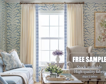 White Cotton Linen Curtain Panels,Pleated Curtains With Blue Trim,Curtain Panels,Various Sizes,Handmade Curtain